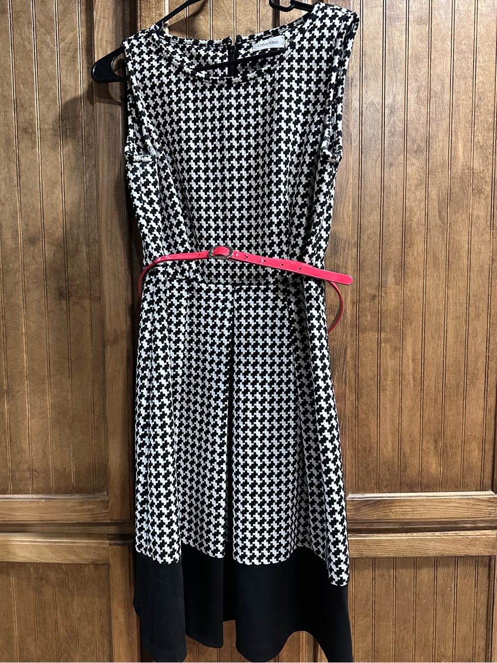 Calvin Klein Black and White Houndstooth Midi Dress with Pink Belt